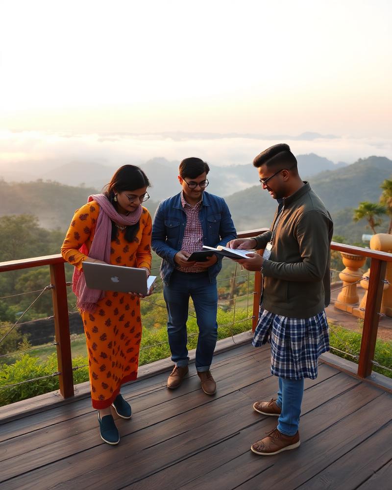 Team collaborating outdoors at sunrise