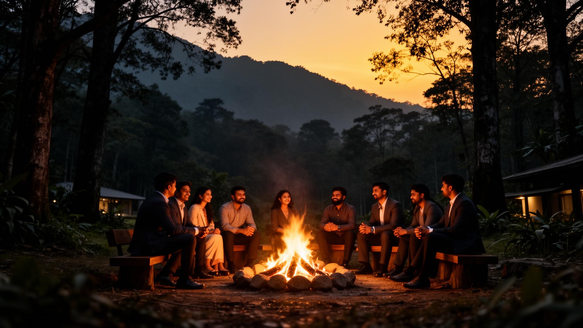 Team gathered around a campfire at a forest retreat